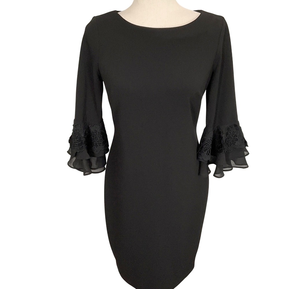 Calvin Klein Sheath Dress Womens 8P Black Lace Ruffle Bell Sleeve LBD Formal